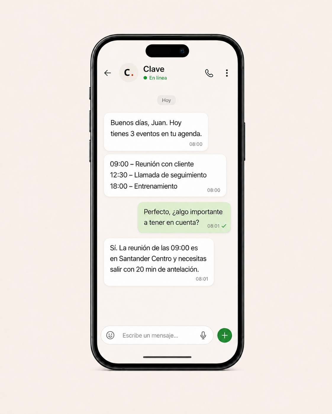 Chat del asistente personal inteligente de Clave mostrando agenda del dia y avisos contextuales.