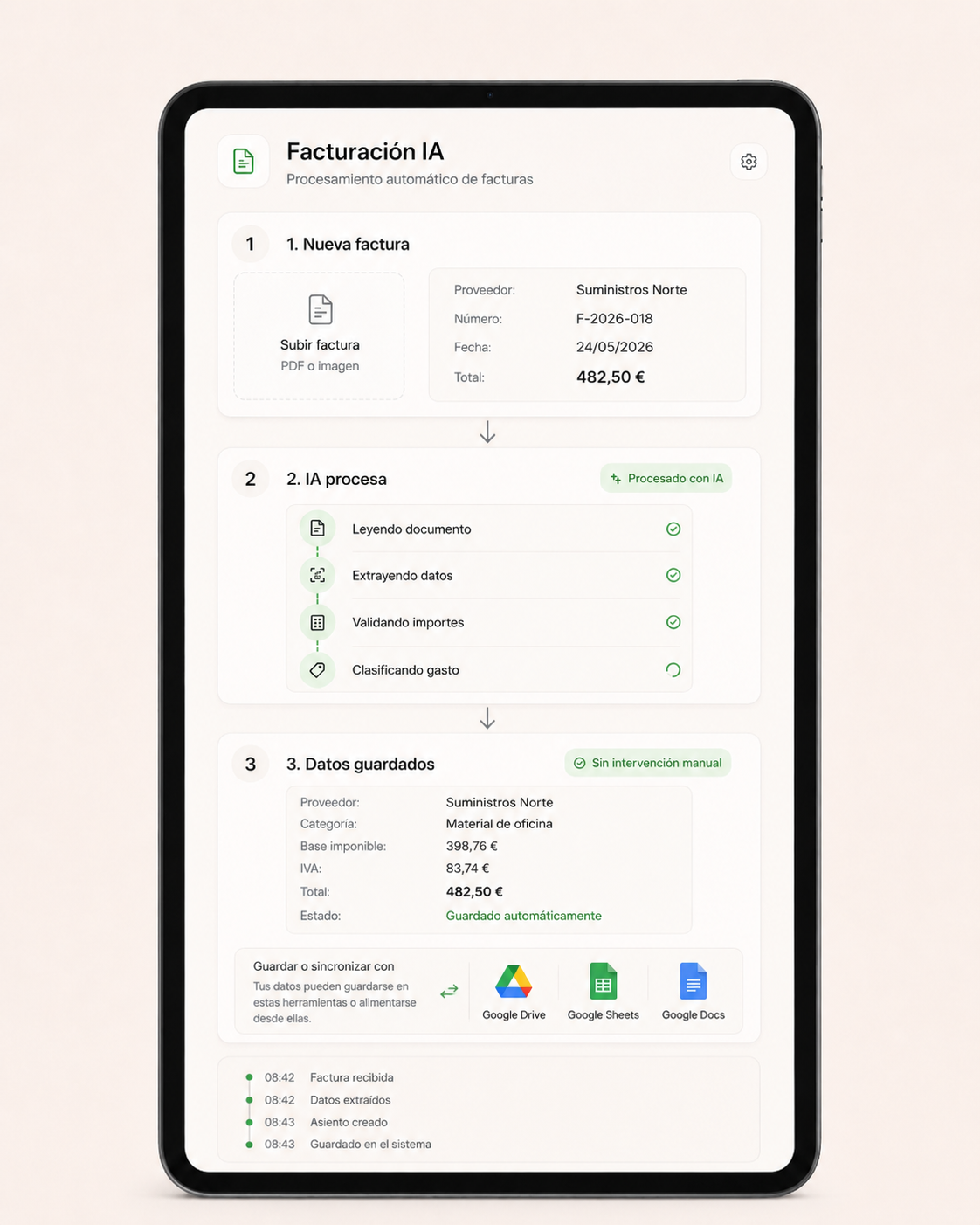 Interfaz de gestión de facturas automática mostrando subida, procesado y guardado de una factura.