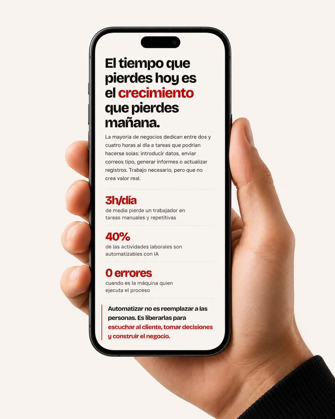 Pantalla de móvil con el mensaje sobre el tiempo perdido hoy y el crecimiento perdido mañana.